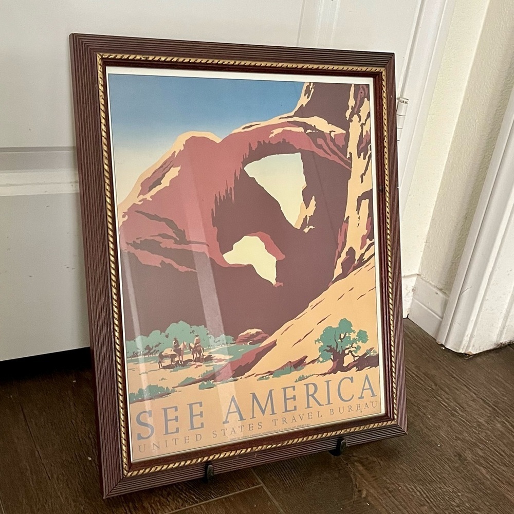 See America Vintage Travel Poster in Framed Print - Desert Arch 13/15 inches